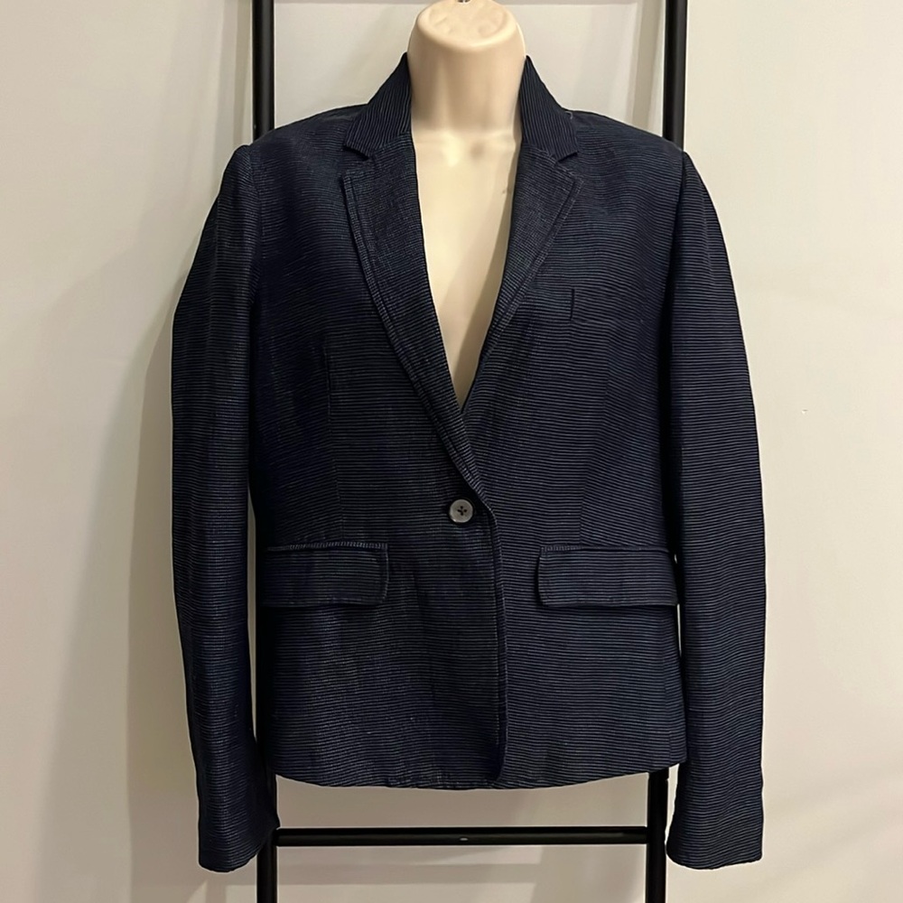 Trenery French Linen Blend Blue One Button V-neck Blazer Women Size 10